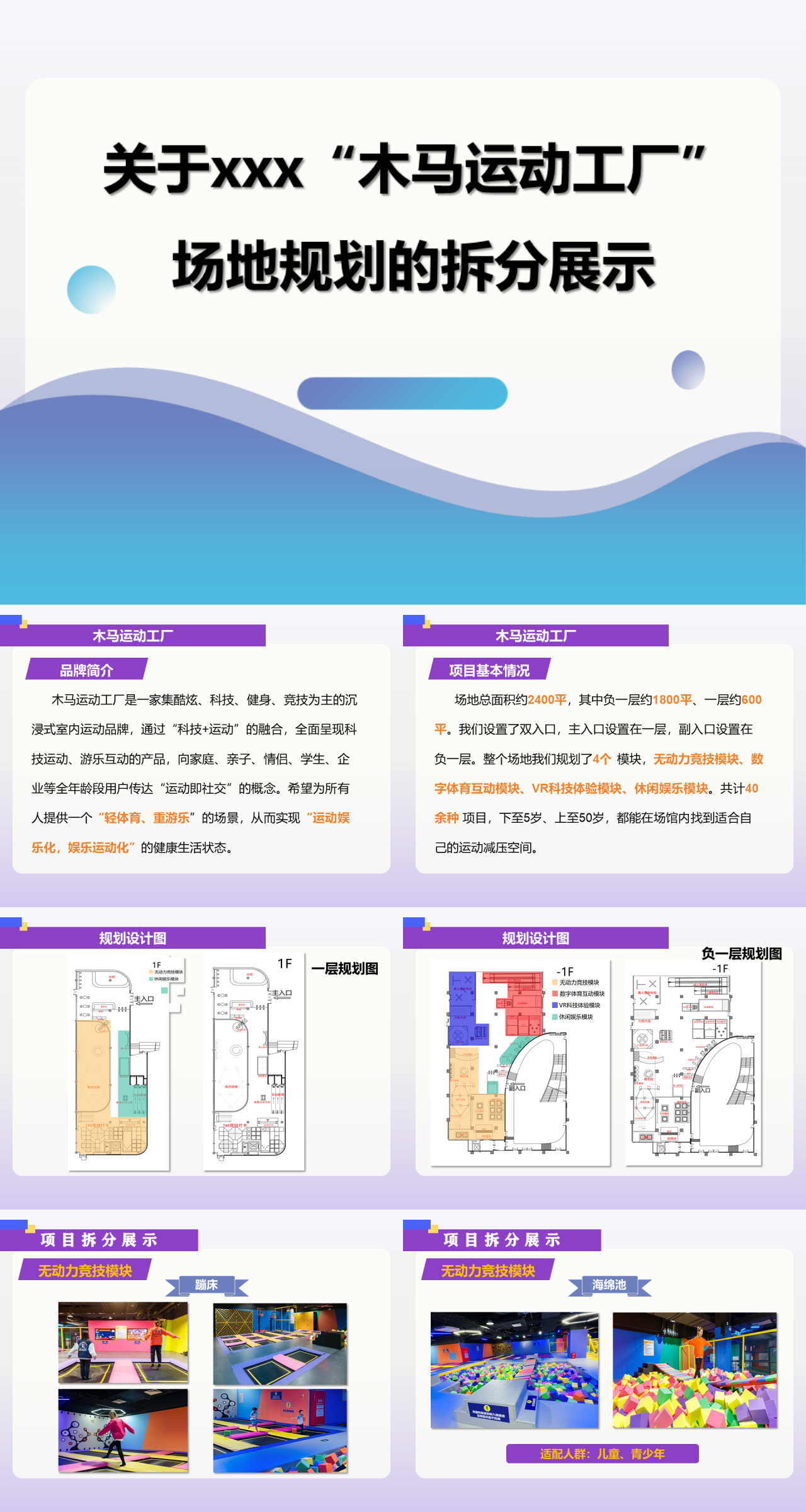 标准静态蓝色工作汇报场地规划的拆分展示