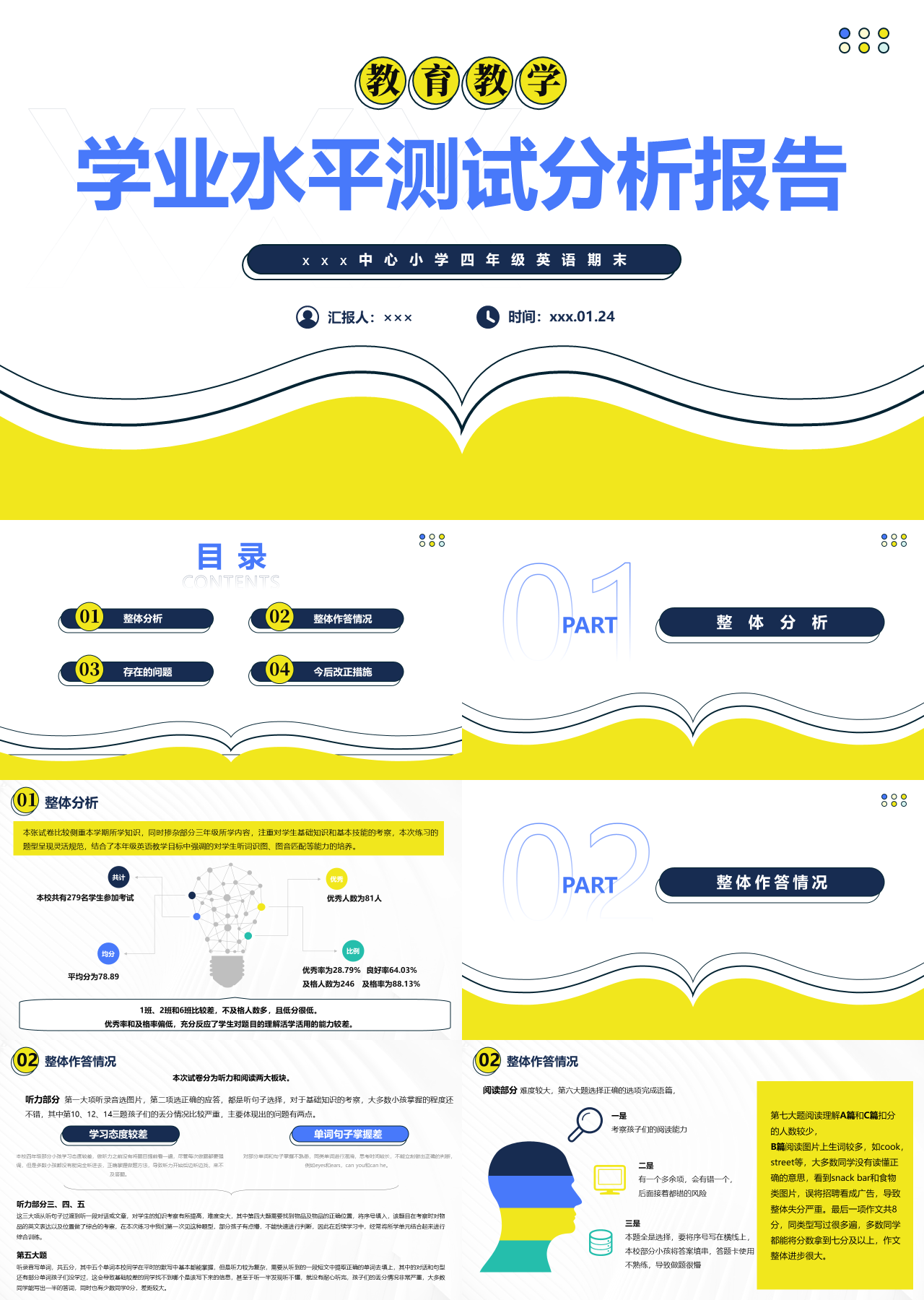 标准静态黄色主题教育小学四年级英语期末学业水平测试分析报告