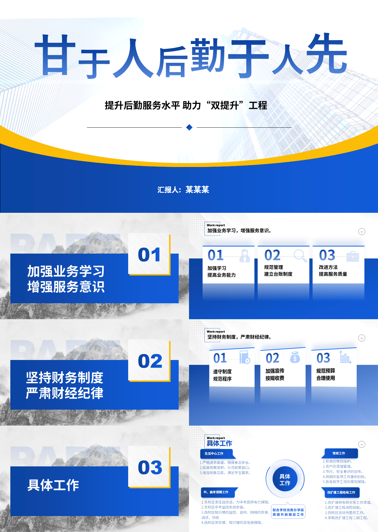 精美静态蓝色工作汇报提升后勤服务水平助力工程
