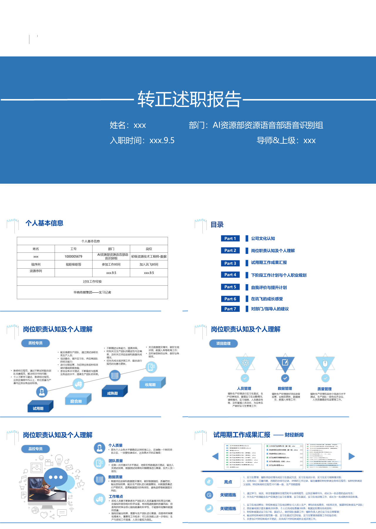 标准静态蓝色转正述职报告