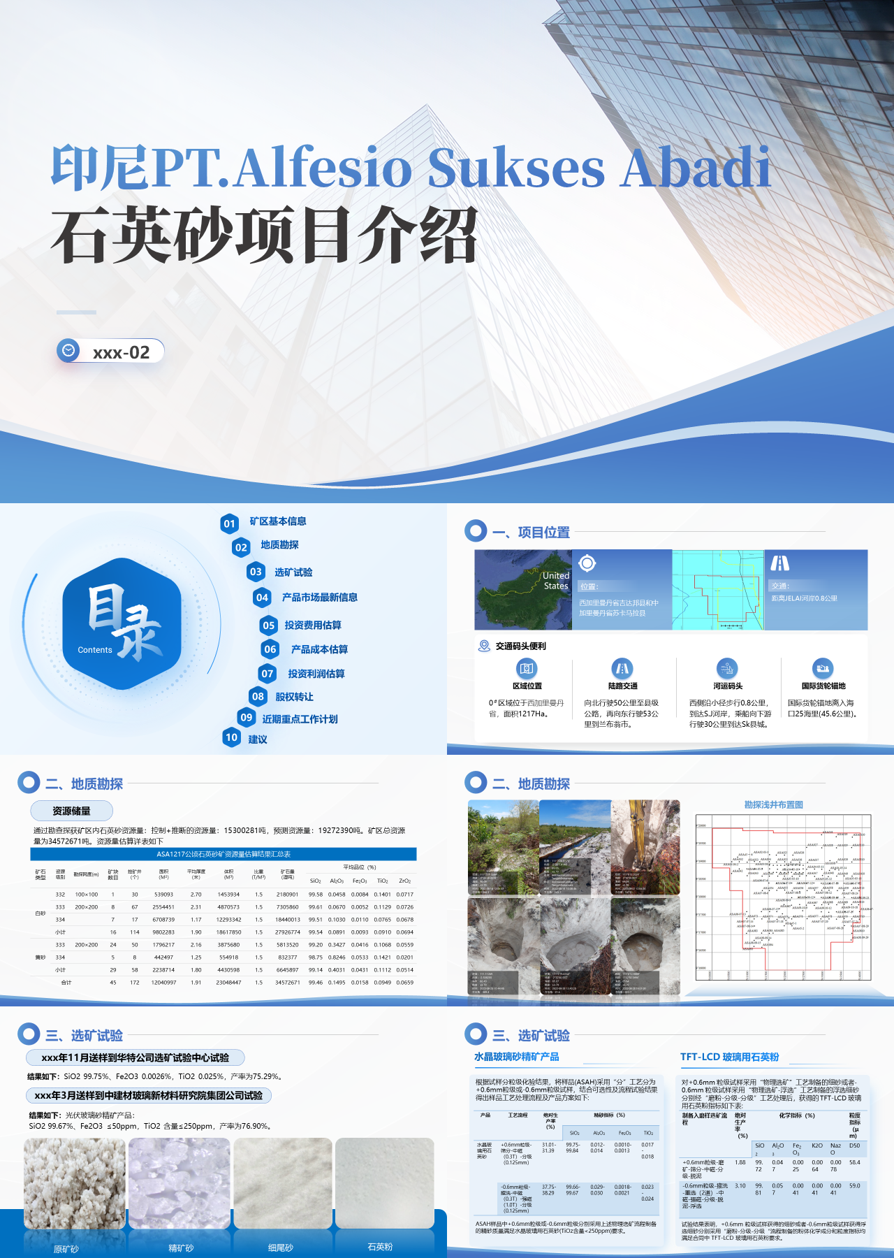 标准静态蓝色工作汇报石英砂项目介绍