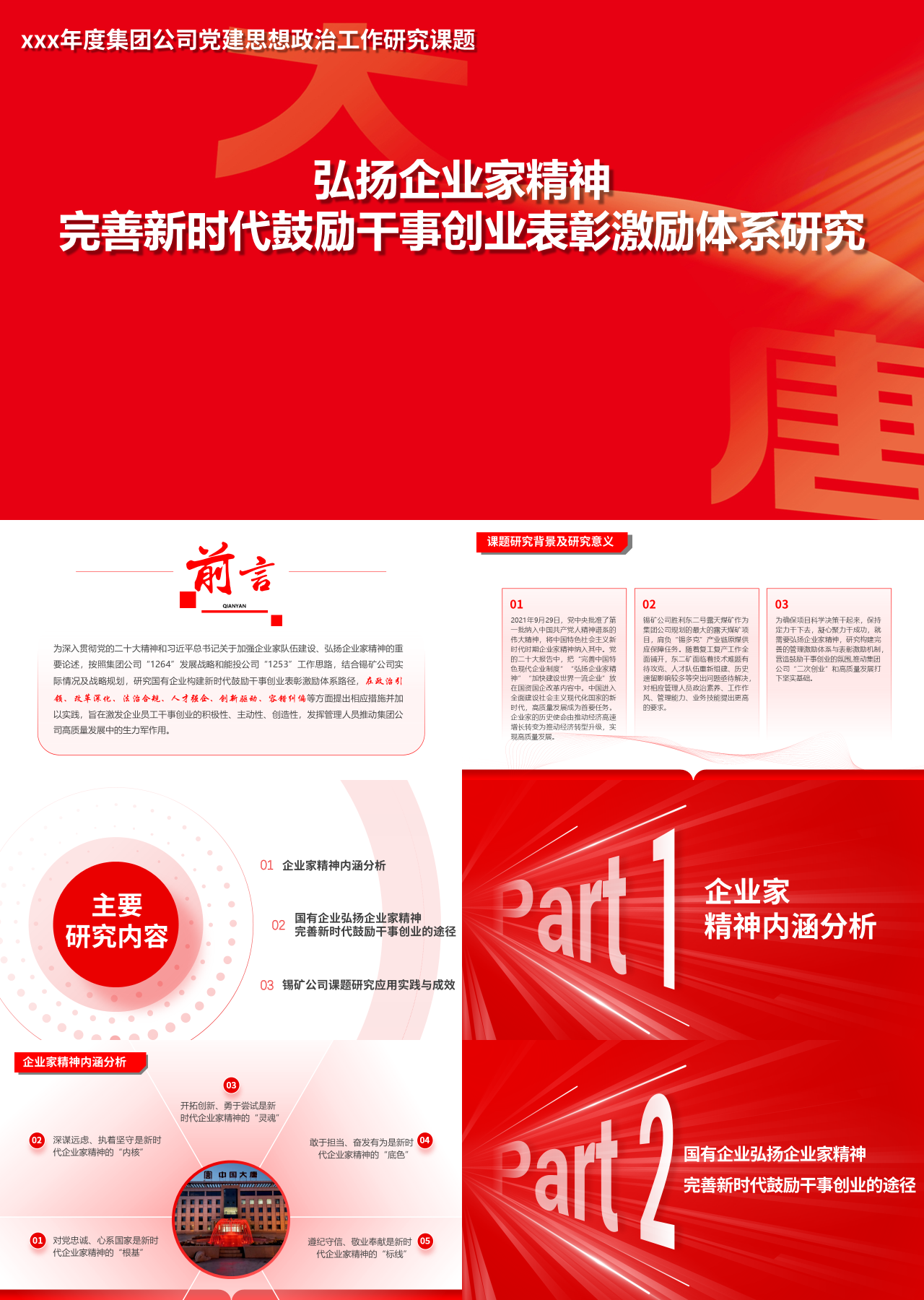 精美静态红色工作汇报完善新时代鼓励干事创业表彰激励体系研究