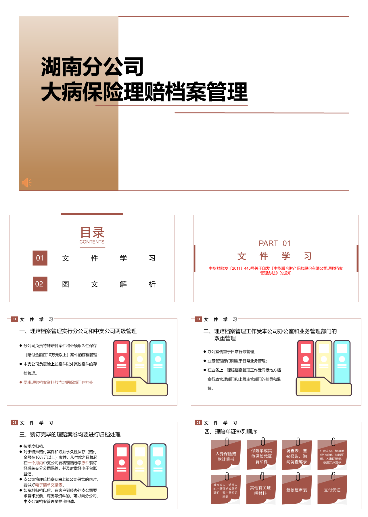 标准静态棕色工作汇报湖南分公司大病保险理赔档案管理