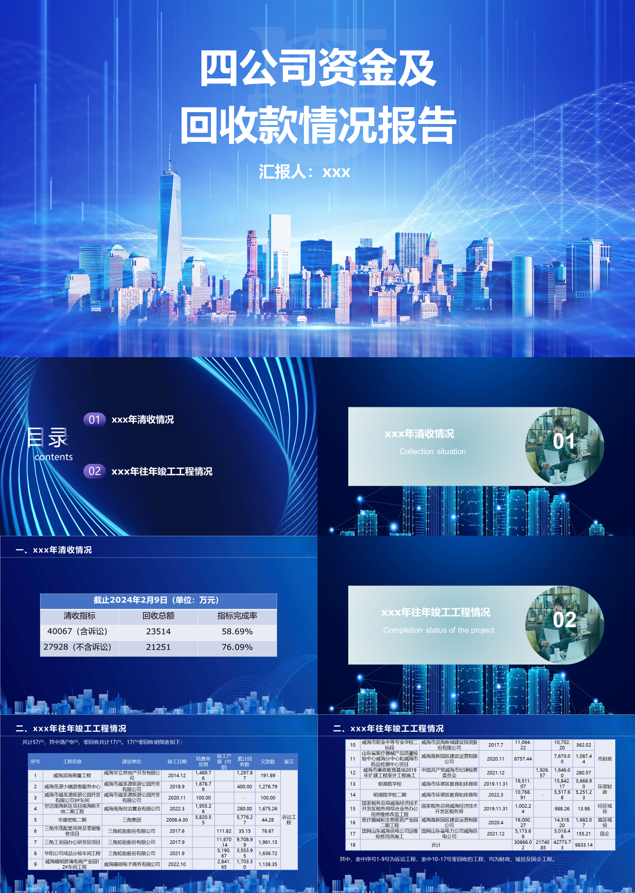 标准静态蓝色工作汇报资金及回收款情况报告