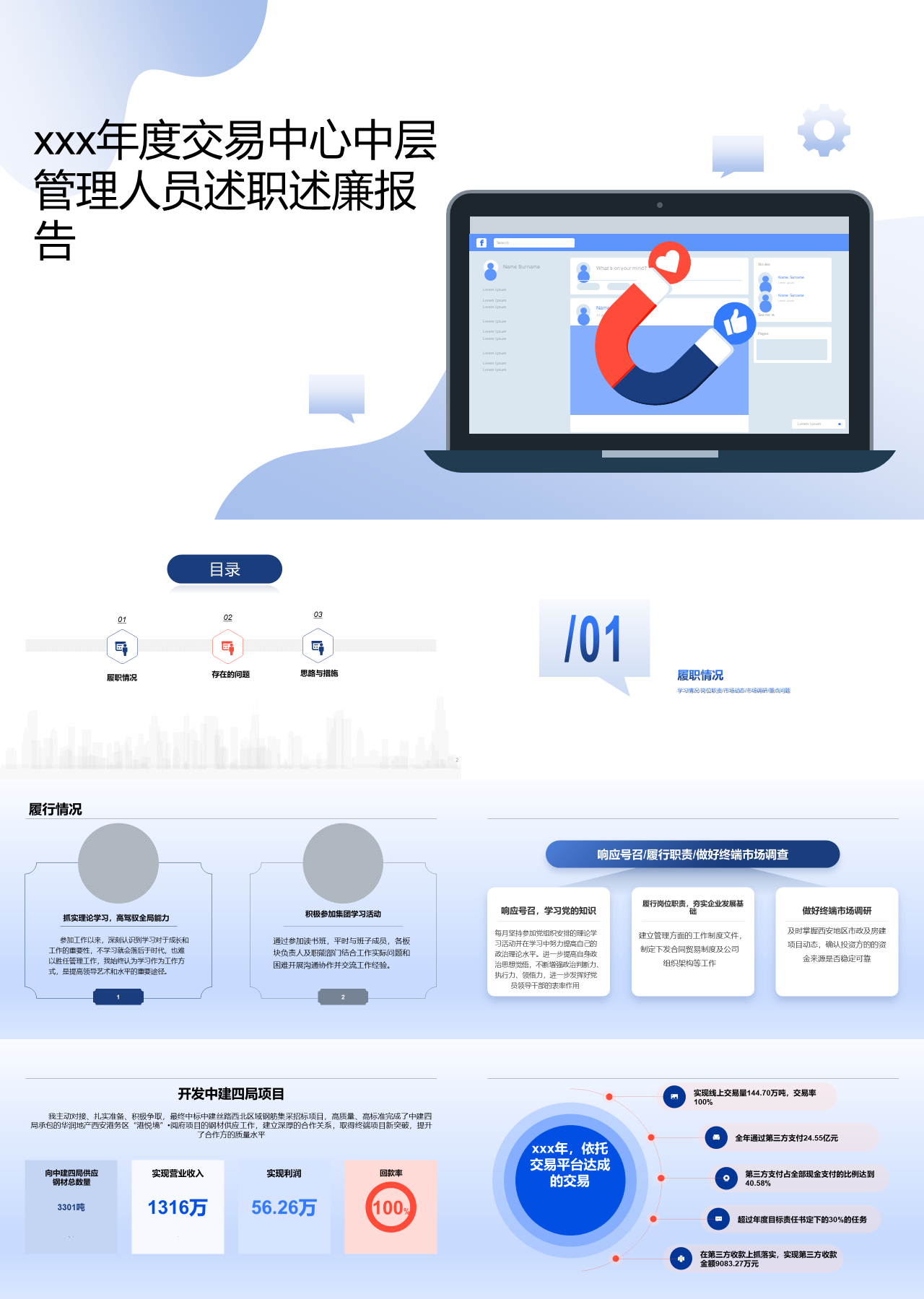 标准静态蓝色工作汇报交易中心中层管理人员述职述廉报告