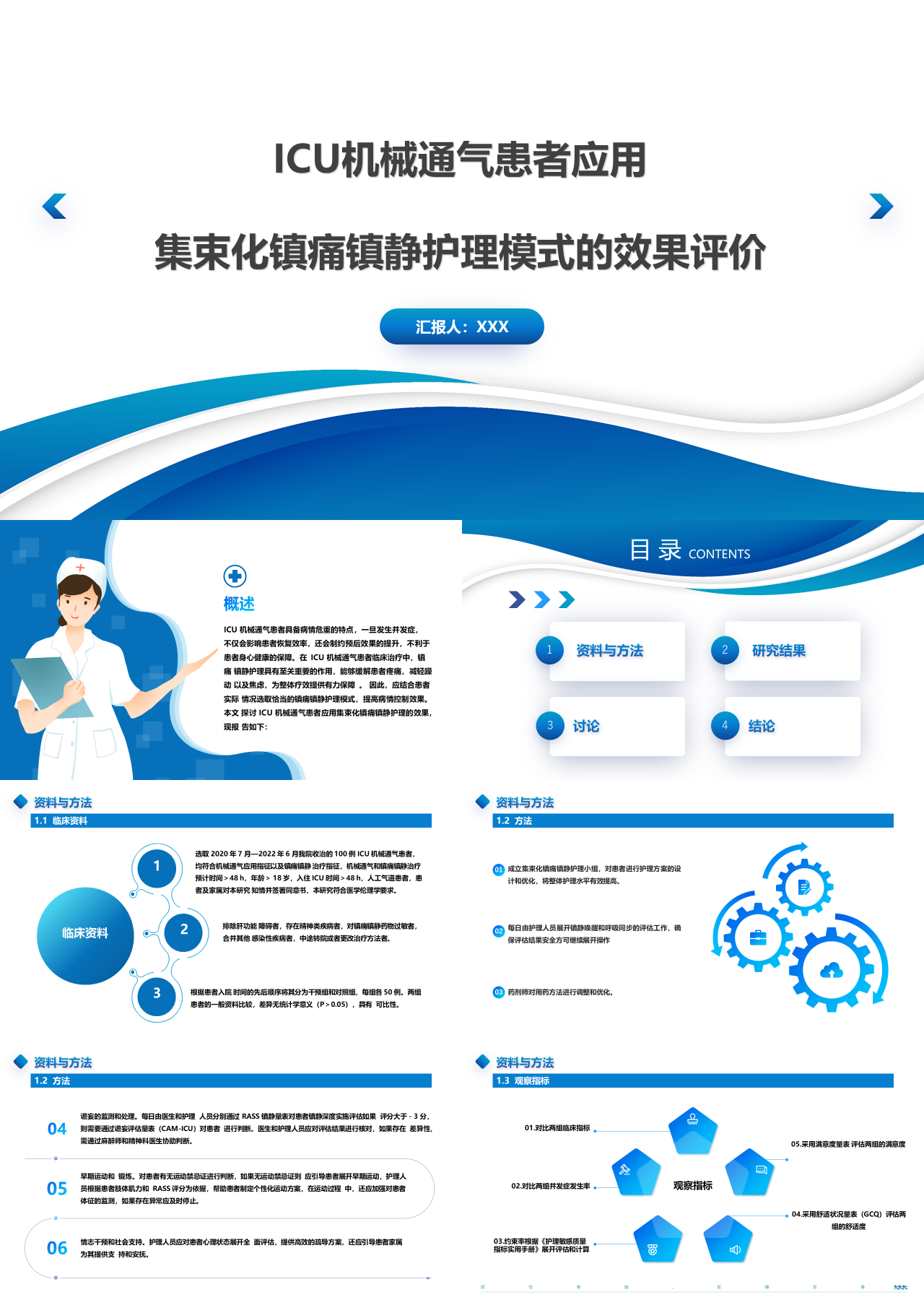 标准静态蓝色工作汇报ICU机械通气患者应用集束化镇痛镇静护理模式的效果评价