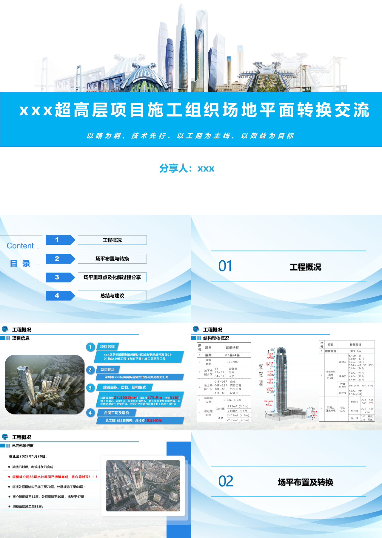 标准静态蓝色工作汇报超高层项目施工组织场地平面转换交流