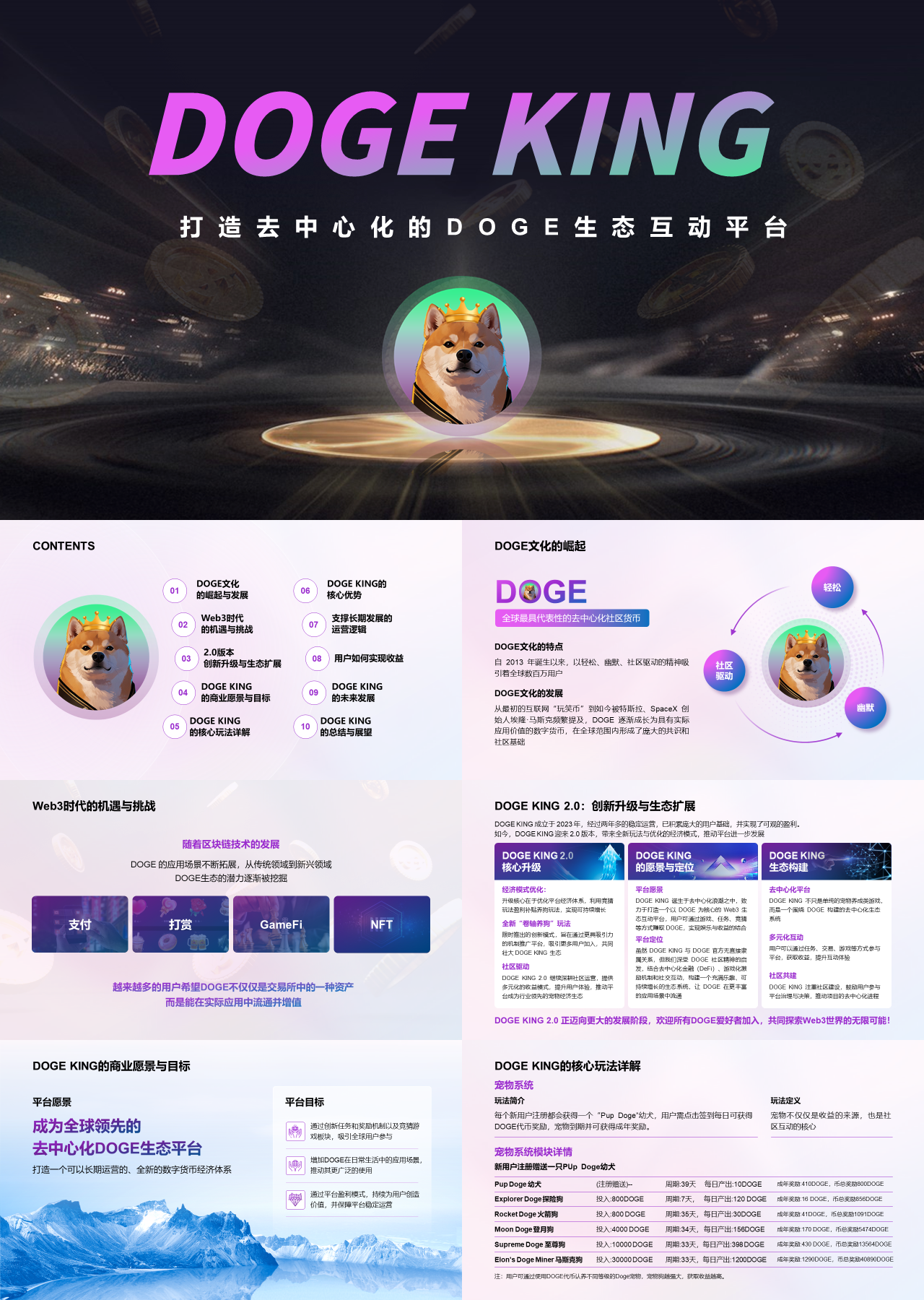 精美静态紫色营销策划打造去中心化的DOGE生态互动平台