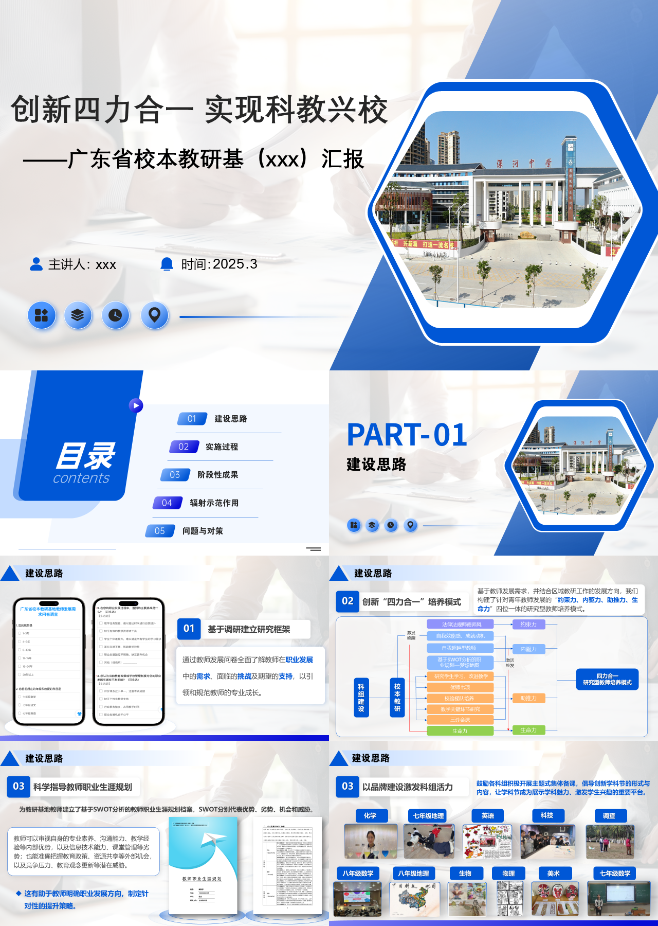 标准静态蓝色工作汇报创新四力合一实现科教兴校