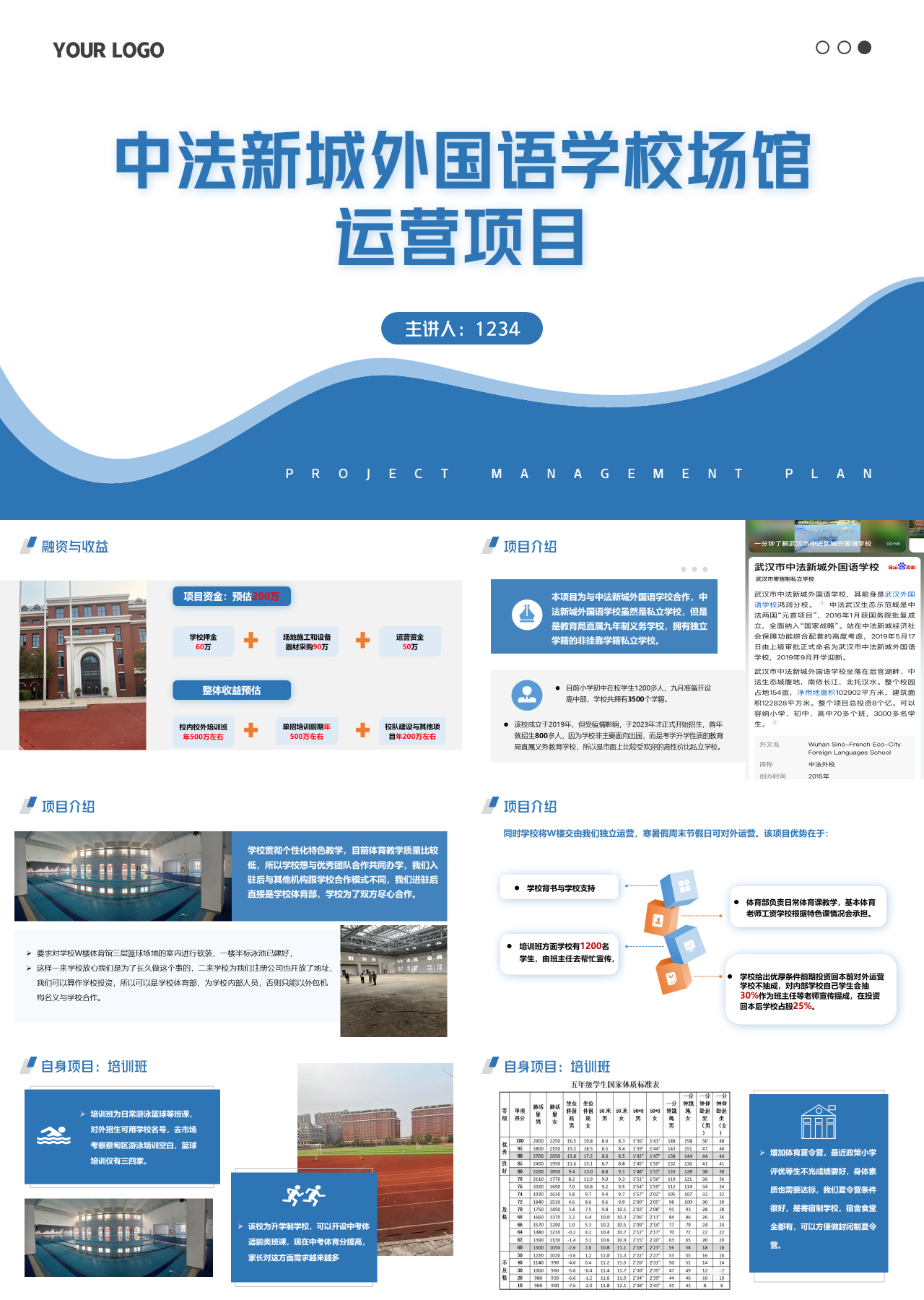 标准静态蓝色工作汇报项目情况中法新城外国语学校场馆运营项目