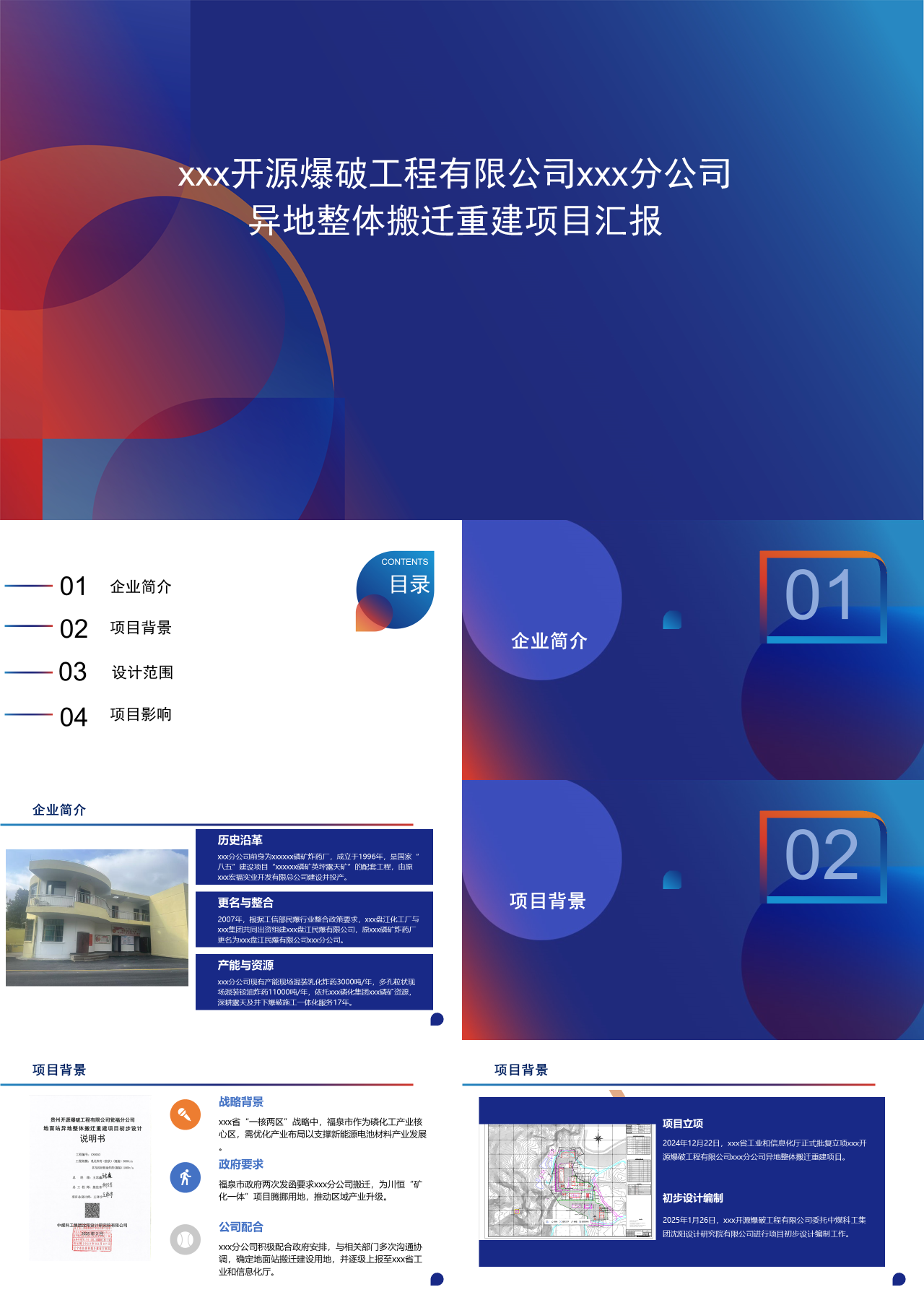 标准静态蓝色工作汇报异地整体搬迁重建项目汇报