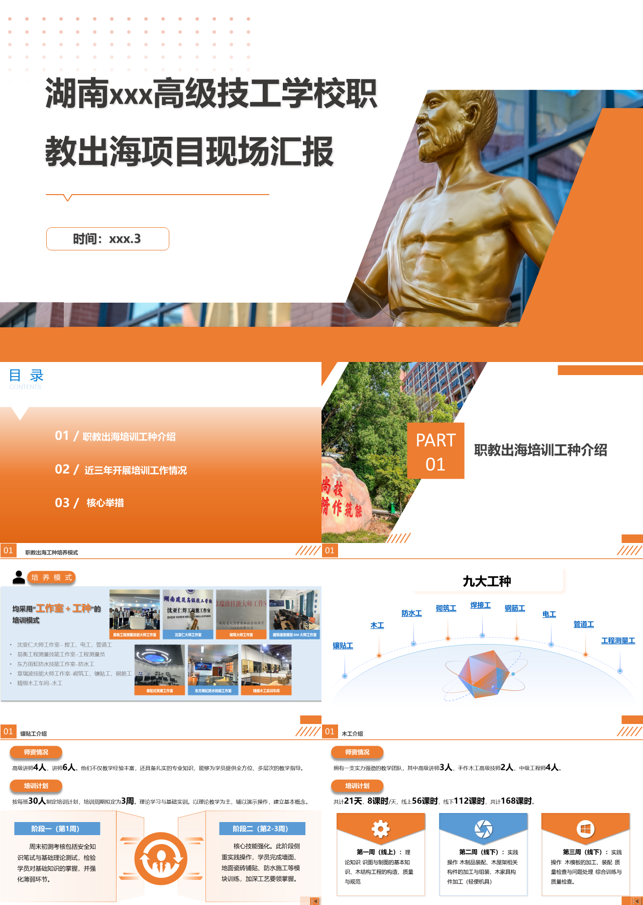 标准静态橙色工作汇报高级技工学校职教出海项目现场汇报