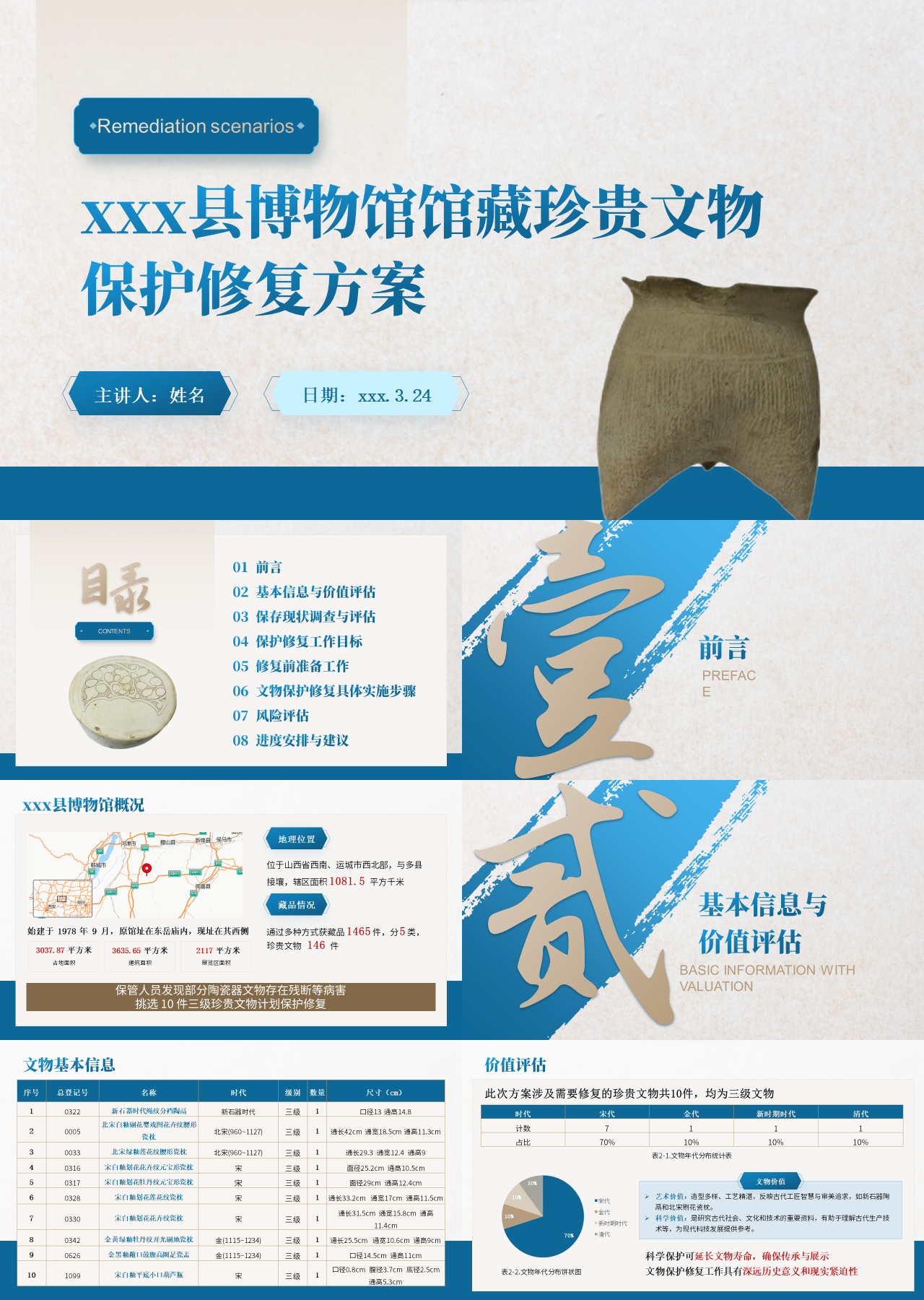 精美静态蓝色商业计划书文物保护修复方案