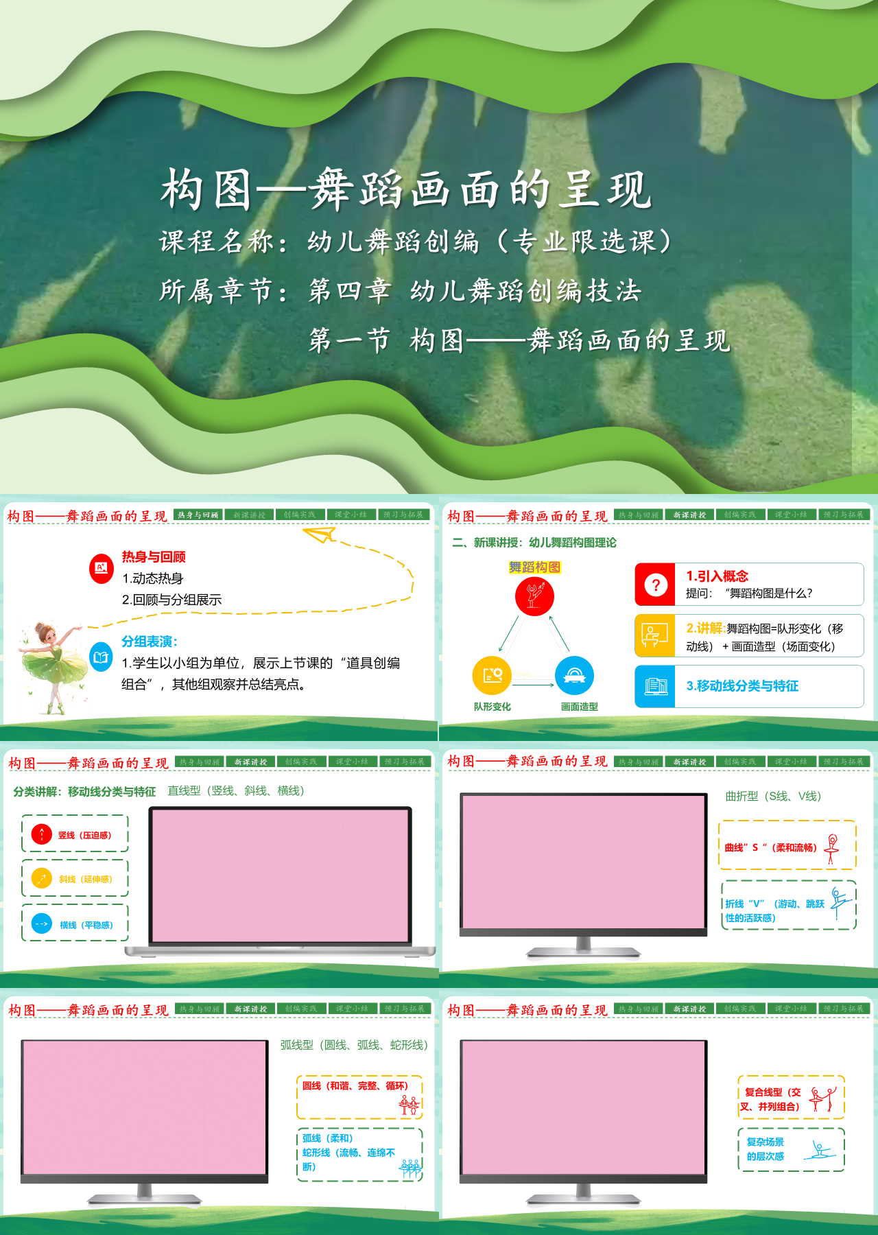 标准动态绿色教育课件构图舞蹈画面的呈现