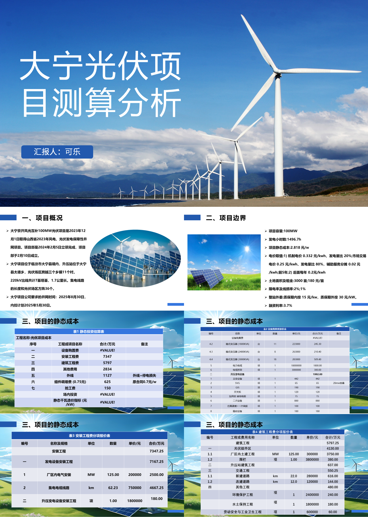 标准静态蓝色工作汇报大宁光伏项目测算分析