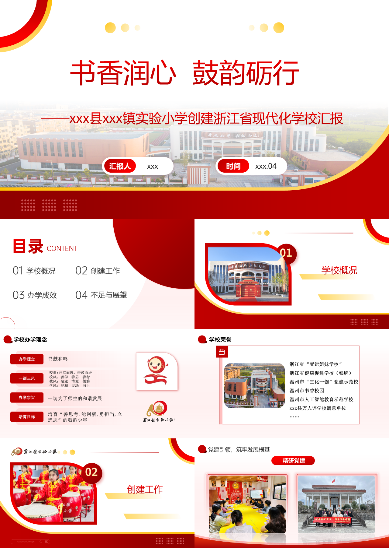 精美静态红色工作汇报实验小学创建浙江省现代化学校汇报